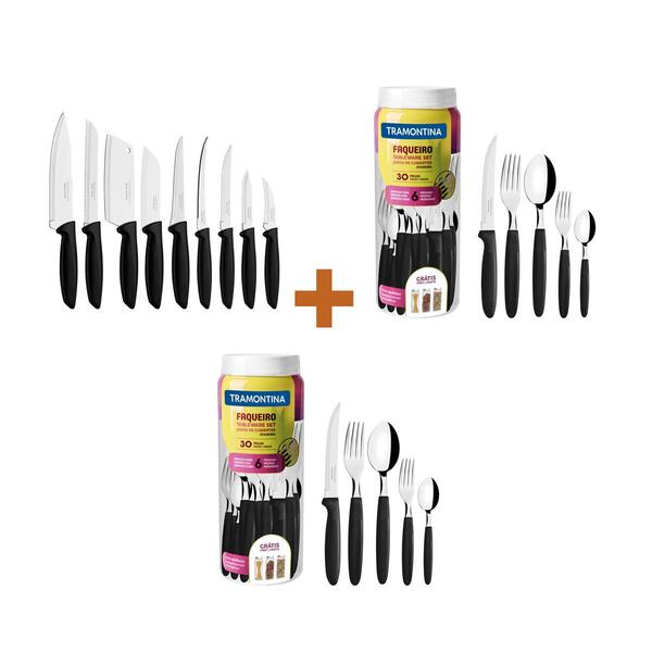 Kit - 2 Faqueiros Inox 30 Peças Ipanema Preto + 1 Conjunto Fa