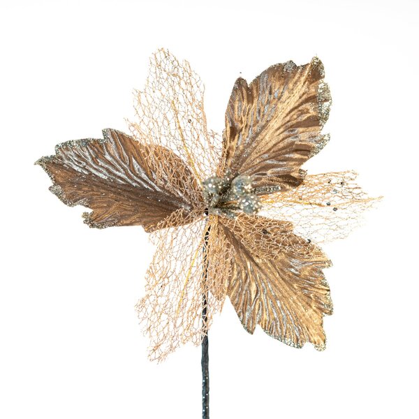 Kit 2 Flor Dourada Decoração Natal Artificial Glitter 30cm