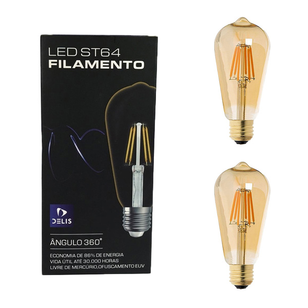 Kit 2 Lâmpadas Led Filamento St64 4w 2200k Retrô Vintage Delis