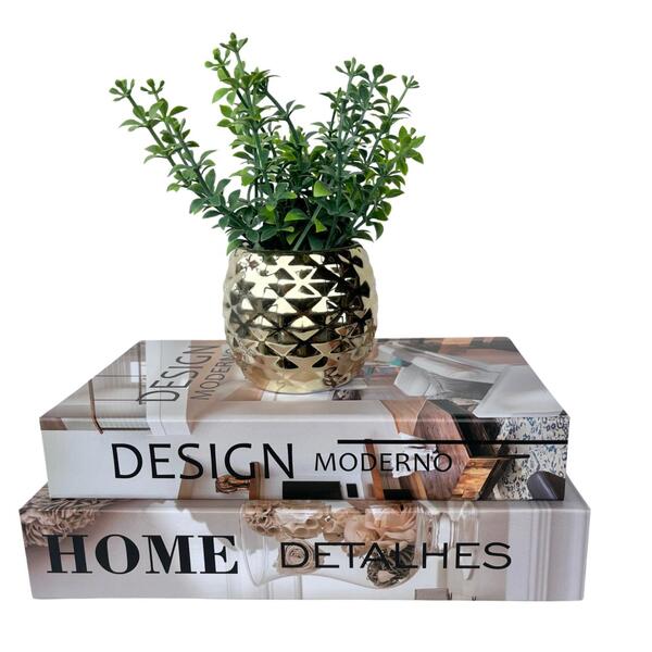 Kit 2 Livros Para Decoração E Vaso De Cerâmica Dourado