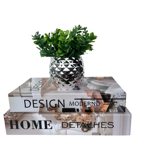 Kit 2 Livros Para Decoração E Vaso De Cerâmica Prateado