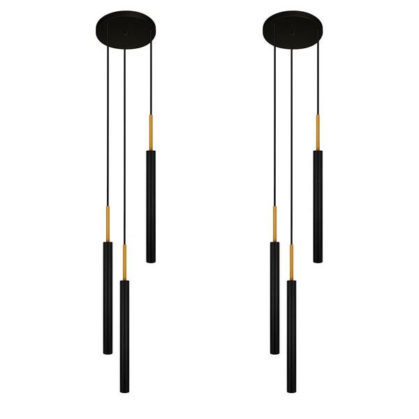 Kit 2 Luminárias De Teto Pendente Tubo Triplo Preto Dourado