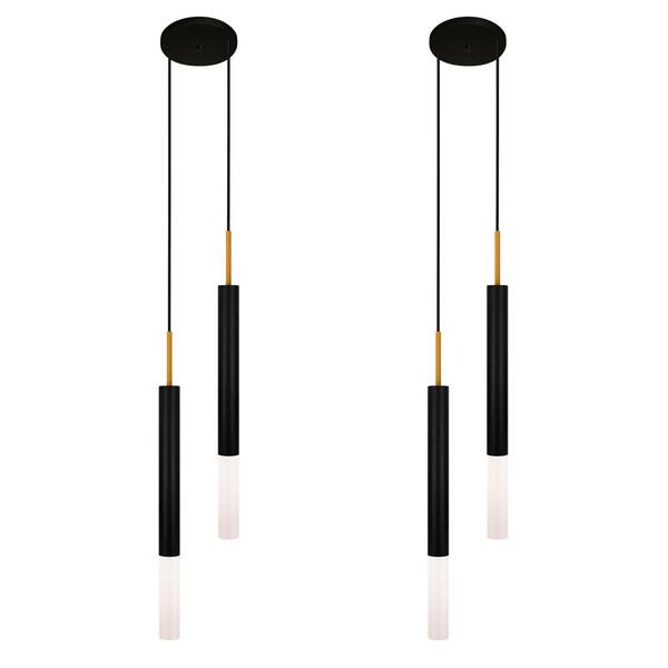 Kit 2 Luminárias Pendente Tubo Duplo Difusor Preto Dourado