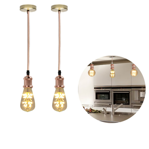 Kit 2 Luminárias Pendentes Soquetes Retro E27 Rose Gold Com L