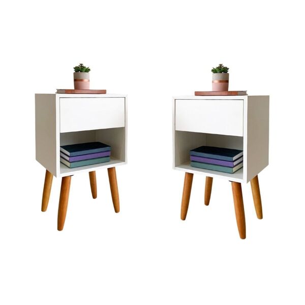 Kit 2 Mesa Cabeceira Branca Mdf  Com Pés Palito - Vallisa Dec