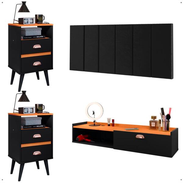 Kit 2 Mesas Cabeceira Penteadeira Suspensa Classic Preto/cina