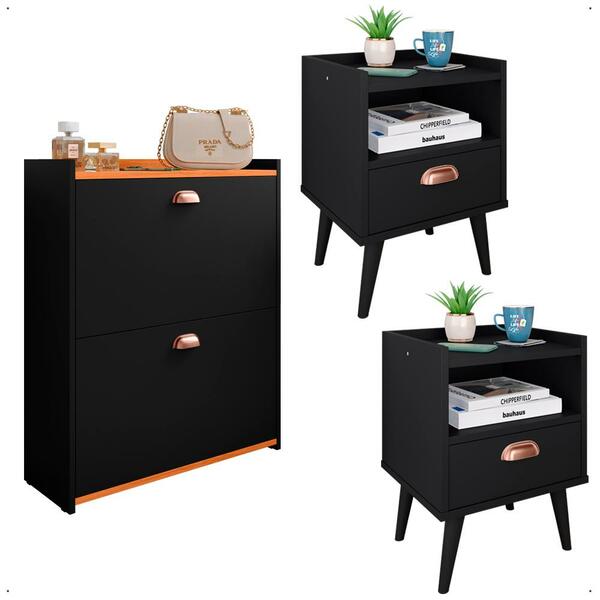 Kit 2 Mesas Cabeceira Pés Palito Retrô Sapateira Puxador Conc