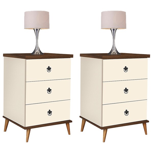 Kit 2 Mesas De Cabeceira 3 Gavetas Pés Palito Creta Pérola/fr