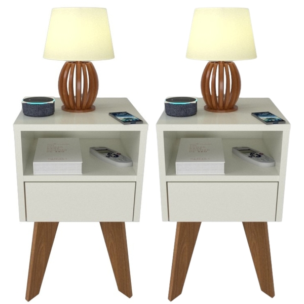 Kit 2 Mesas De Cabeceira Com Gaveta 30 Cm Mdf Branco Com Pés