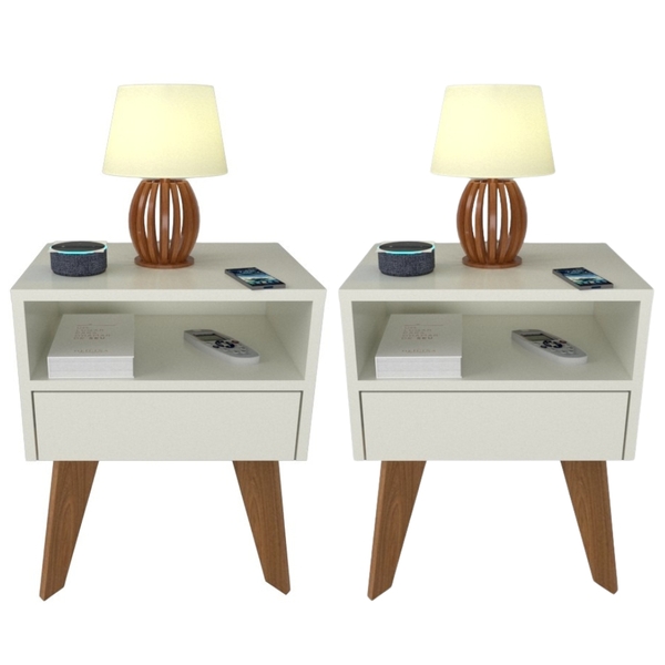 Kit 2 Mesas De Cabeceira Com Gaveta 40 Cm Mdf Branco Com Pés