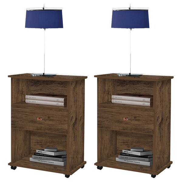 Kit 2 Mesas De Cabeceira Com Rodízios 1 Gaveta Otto Amêndoa W