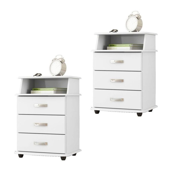 Kit 2 Mesas de Cabeceira Luxo com 3 gavetas cada - Branco