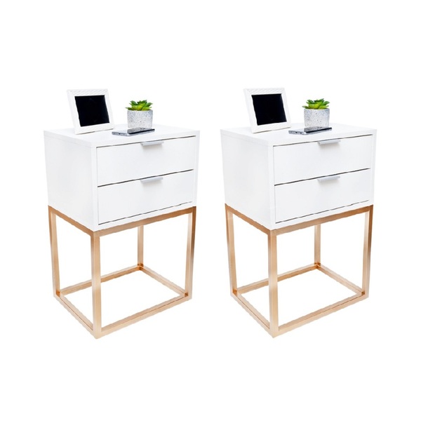 Kit 2 Mesas De Cabeceira Off White C/ 2 Gavetas Base Dourada