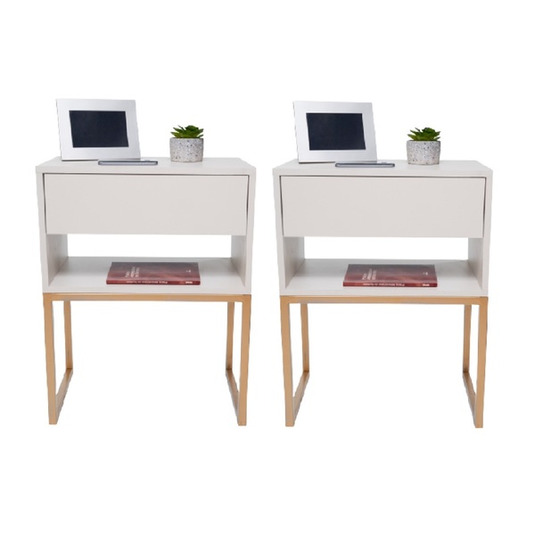 Kit 2 Mesas De Cabeceira Off White Eco Base Dourada Moderna