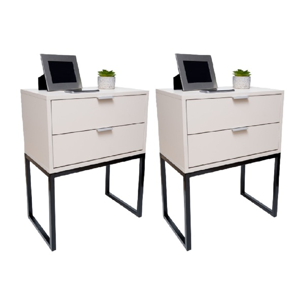 Kit 2 Mesas De Cabeceira Off White Eco Gavetas Base Preta
