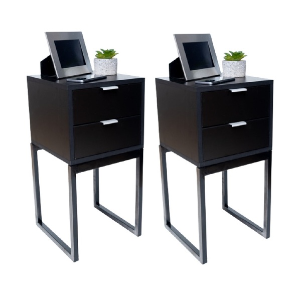 Kit 2 Mesas De Cabeceira Preta Eco C/ 2 Gavetas Base Preta