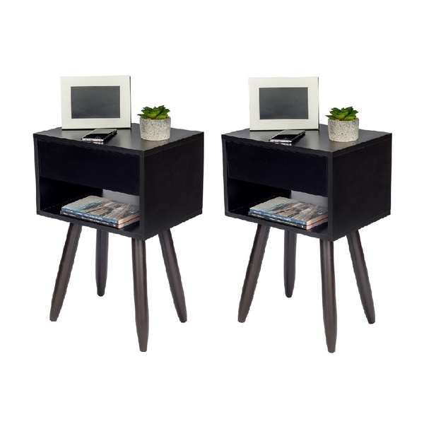 Kit 2 Mesas De Cabeceira Retrô 60cm Preto Pés Marrom Escuro