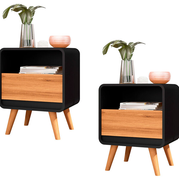 Kit 2 Mesas De Cabeceira Retrô Com Gaveta Channel - Preto Com
