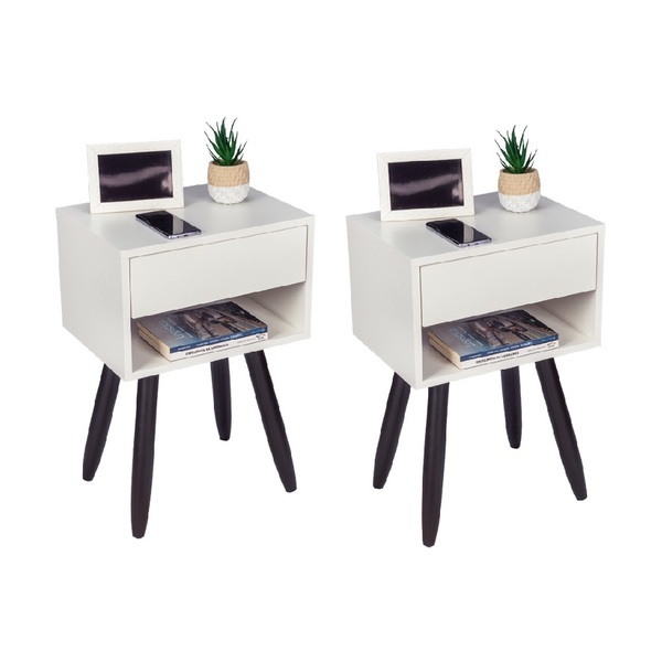 Kit 2 Mesas De Cabeceira Retrô Off White 40x60cm Pés Marrom