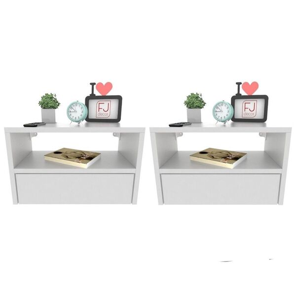 Kit 2 Mesas De Cabeceira Suspensa 40 Cm Com Gaveta Mdf Branco