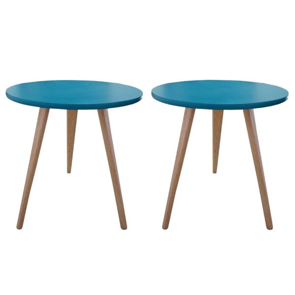 Kit 2 Mesas De Canto Lateral Redonda Retrô Karina Azul 44 Cm