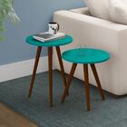Kit 2 Mesas Lateral Redonda Madeira 47 Cm Pés Palito Mdp Turq