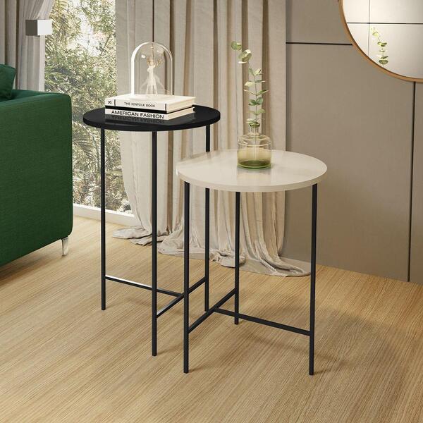 Kit 2 Mesas Lateral Redonda Para Sala De Estar Lírio - Preto/