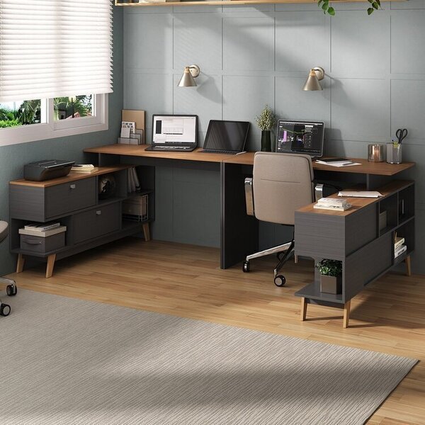 Kit 2 Mesas Para Escritório Escrivaninha Em L Retrô 136x120cm