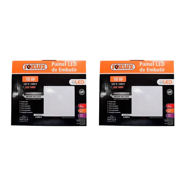 Kit 2 Painel Led Foxlux Quadrado Embutir 18w 6500k Biv
