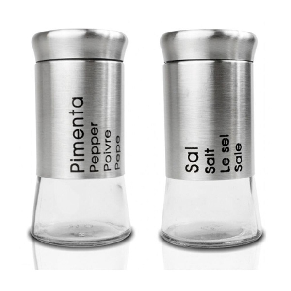 Kit 2 Pçs Saleiro Pimenteiro Tampa Aço Inox Vidro Armazenar S