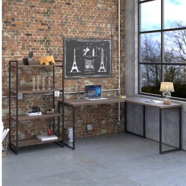 Kit 2 Peças Com 1 Escrivaninha Em L E 1 Estante 4 Prateleiras