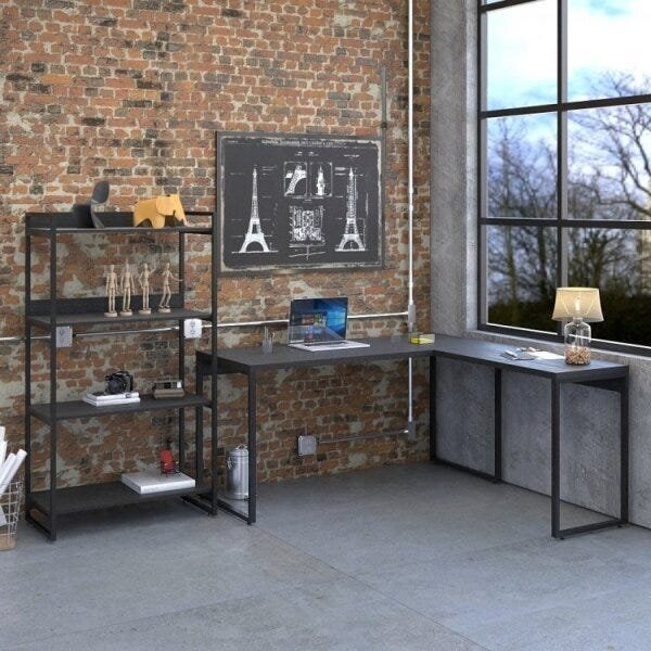 Kit 2 Peças Com 1 Escrivaninha Em L E 1 Estante 4 Prateleiras