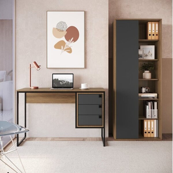 Kit 2 Peças Com Escrivaninha 3 Gavetas E Livreiro Mel / Grafi