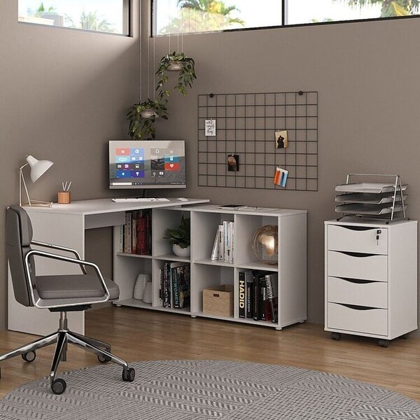 Kit 2 Peças Com Escrivaninha Em L 8 Nichos E Gaveteiro Bit Or