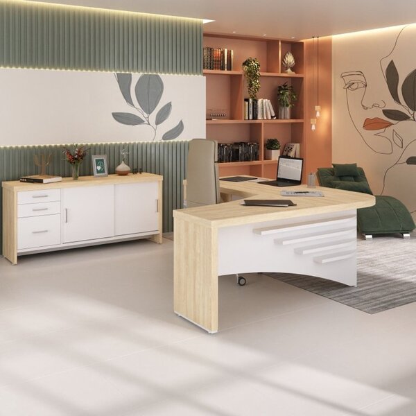 Kit 2 Peças Com Mesa Diretor Em L E Armário Multiuso Baixo 3