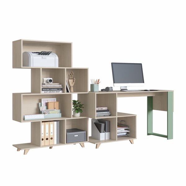 Kit 2 Peças Com Mesa E Estante Com Nichos Nature/verde