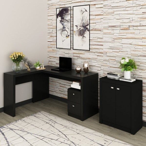 Kit 2 Peças Com Mesa Para Escritório Em L E Armário Multiuso