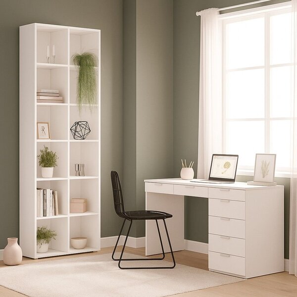 Kit 2 Peças Escrivaninha 120 Cm 7 Gavetas Com Estante Multius