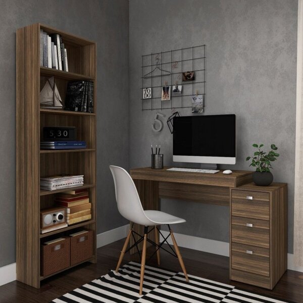 Kit 2 Peças Escrivaninha 3 Gavetas Estante Livreiro 5 Pratele