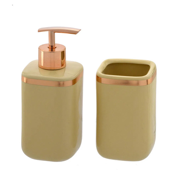 Kit 2 Peças Para Banheiro De Cerâmica Amarelo E Cobre