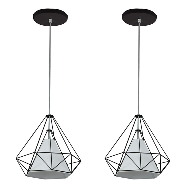 Kit 2 Pendente Aramado Piramidal 25cm Preto Cúpula Branca