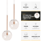 Kit 2 Pendente Lux Cobre Rose Gold Globo Vidro 20cm + Led