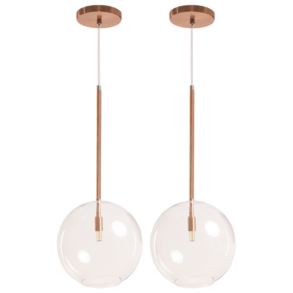 Kit 2 Pendente Lux Cobre Rose Gold Globo Vidro 25cm + Led