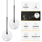Kit 2 Pendente Lux Preto Globo Vidro Cristal 25cm  + Led