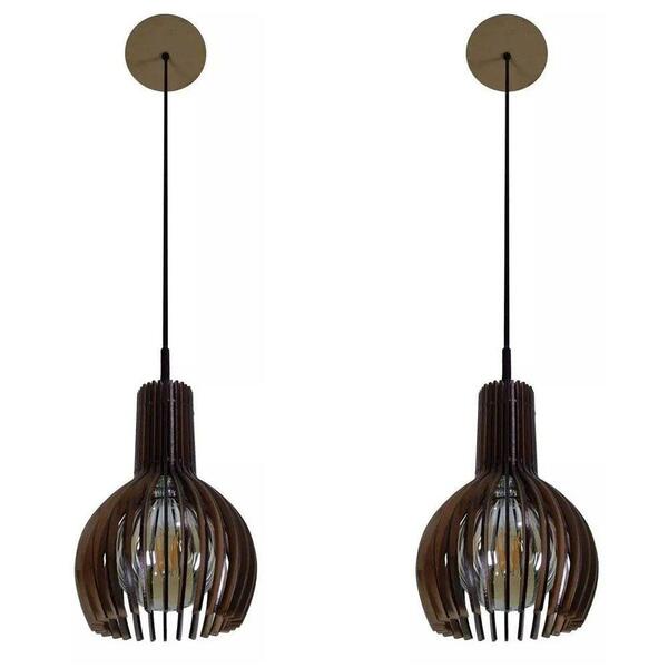 Kit 2 Pendente Madeira Gota M 22x15.5cm Natural Bivolt