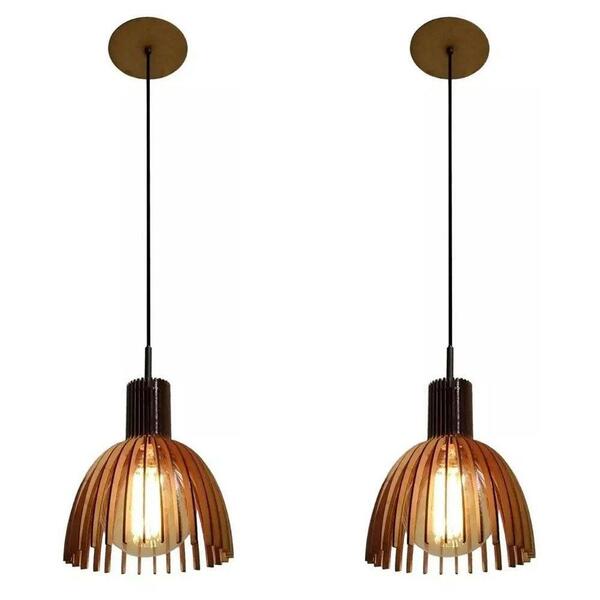 Kit 2 Pendente Madeira Taça 24x21cm Natural Bivolt