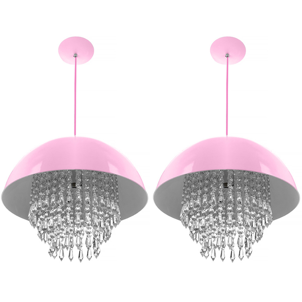 Kit 2 Pendente Meia Lua 40cm Rosa Bebe Com Cristal Acrilico