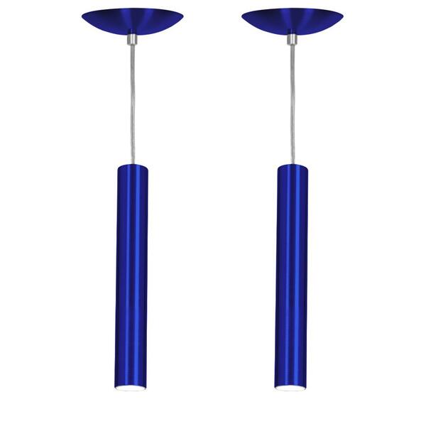 Kit 2 Pendente Tubo Cilindro Azul Metálico 30cm + Led 6k