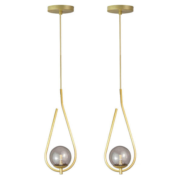 Kit 2 Pendentes Lustres On Drop Dourado Globo De Vidro Fume
