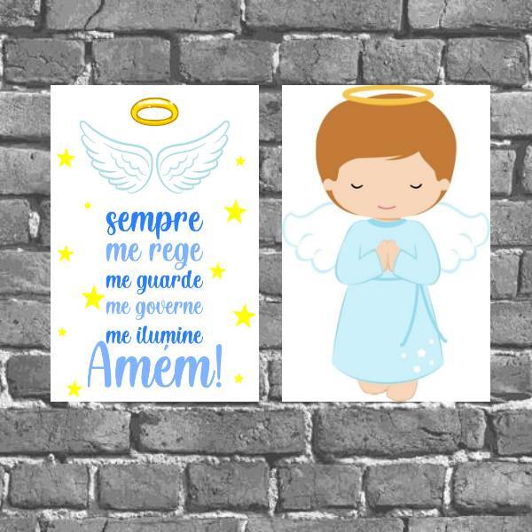Kit 2 Placas Parede Anjo Da Guarda Azul 18x27cm